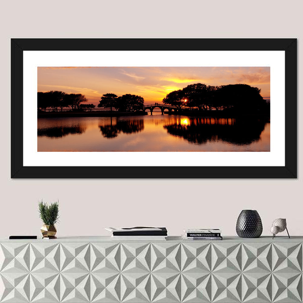 Tranquility Bridge at Sunset Wall Art in a room, panoramic