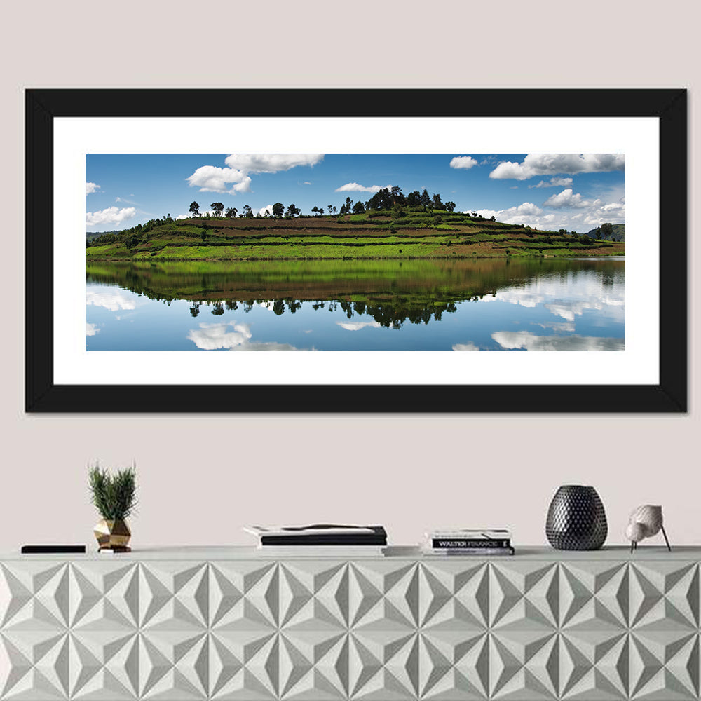 Bunyonyi Lake Reflection Wall Art in a room, panoramic