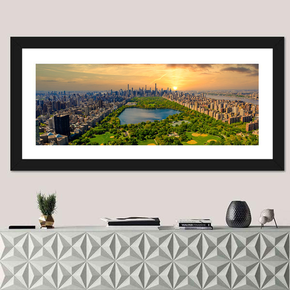 Central Park Reservoir at Dusk Wall Art in a room, panoramic