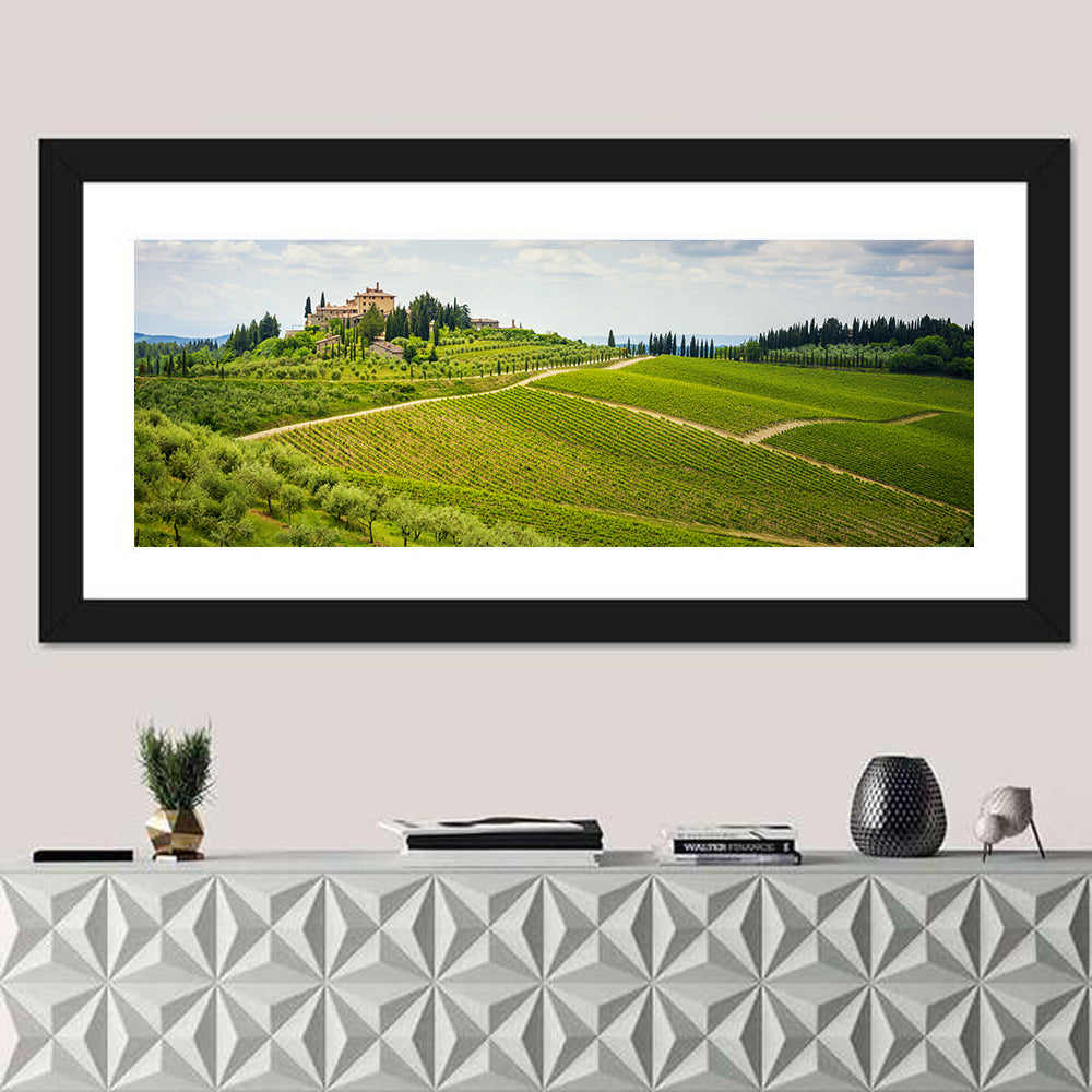 Chianti Vineyard Hills Wall Art in a room, panoramic