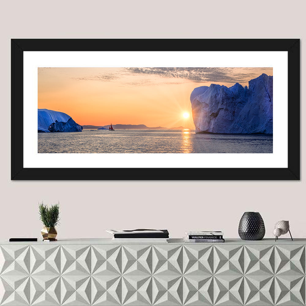Ilulissat Glacier Sunset Wall Art in a room, panoramic
