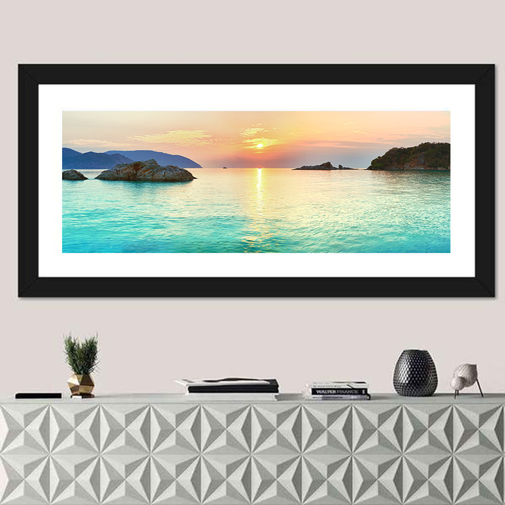 Con Dao Sunrise Over Turquoise Sea Wall Art in a room, panoramic