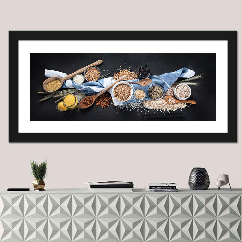 Assorted Grains in Bowls Wall Art in a room, panoramic