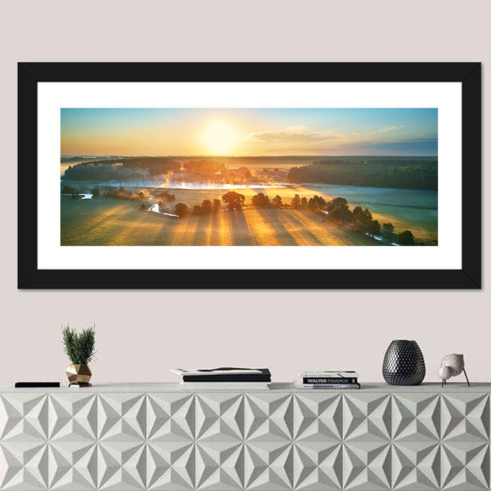 Sunrise Over Misty Meadow Wall Art in a room, panoramic