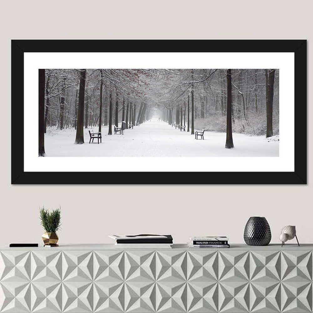 Snow Covered Park Lane Wall Art in a room, panoramic