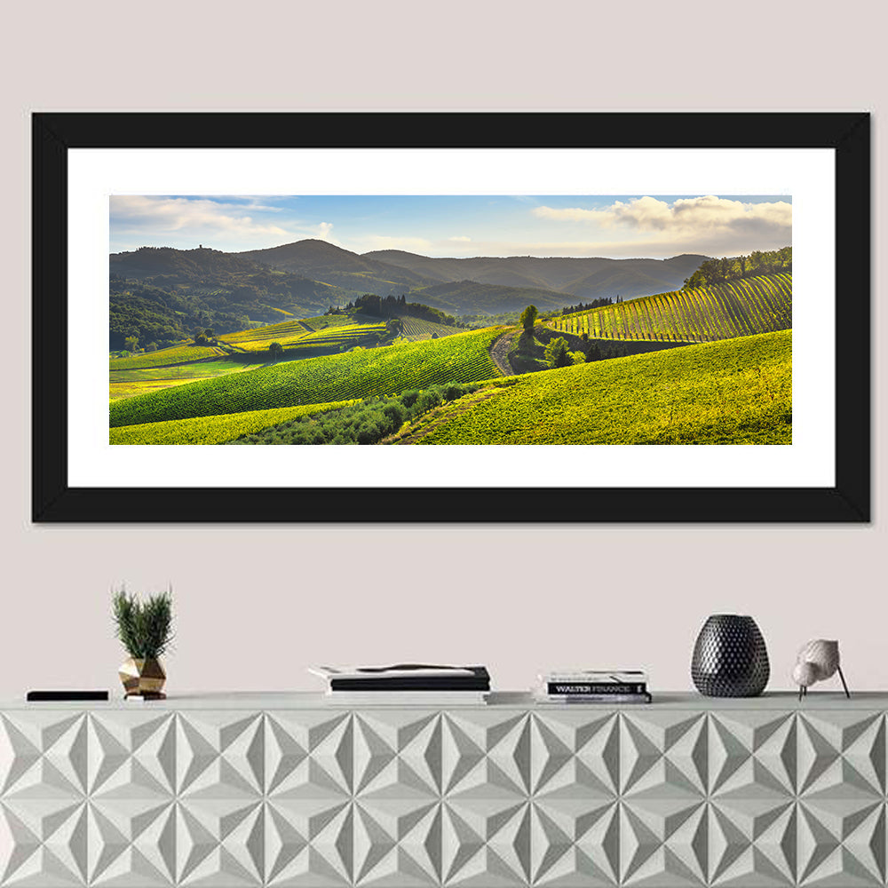 Sunlit Chianti Vineyard Wall Art in a room, panoramic