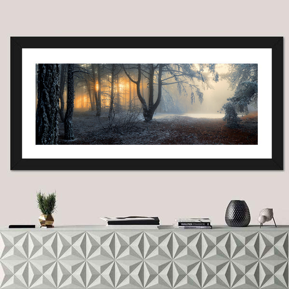 Frosted Forest Morning Light Wall Art in a room, panoramic