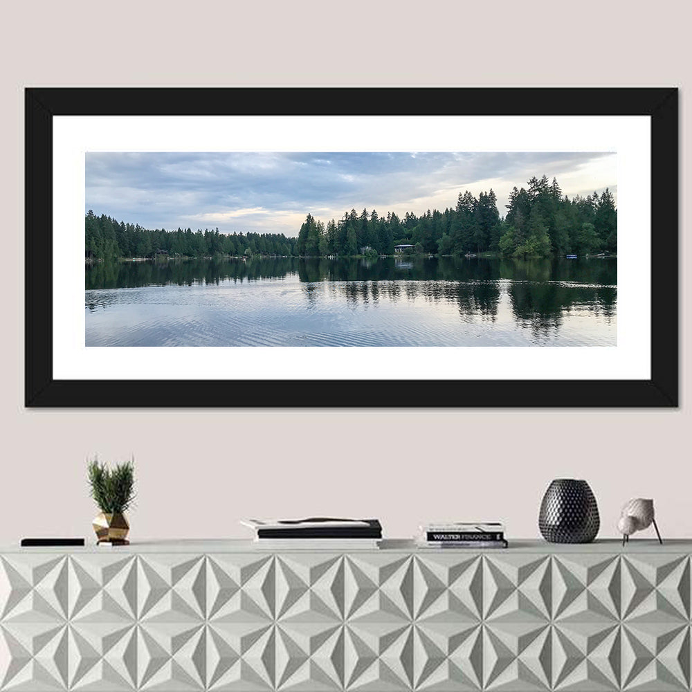 Beaver Lake Park Sunrise Reflection Wall Art in a room, panoramic