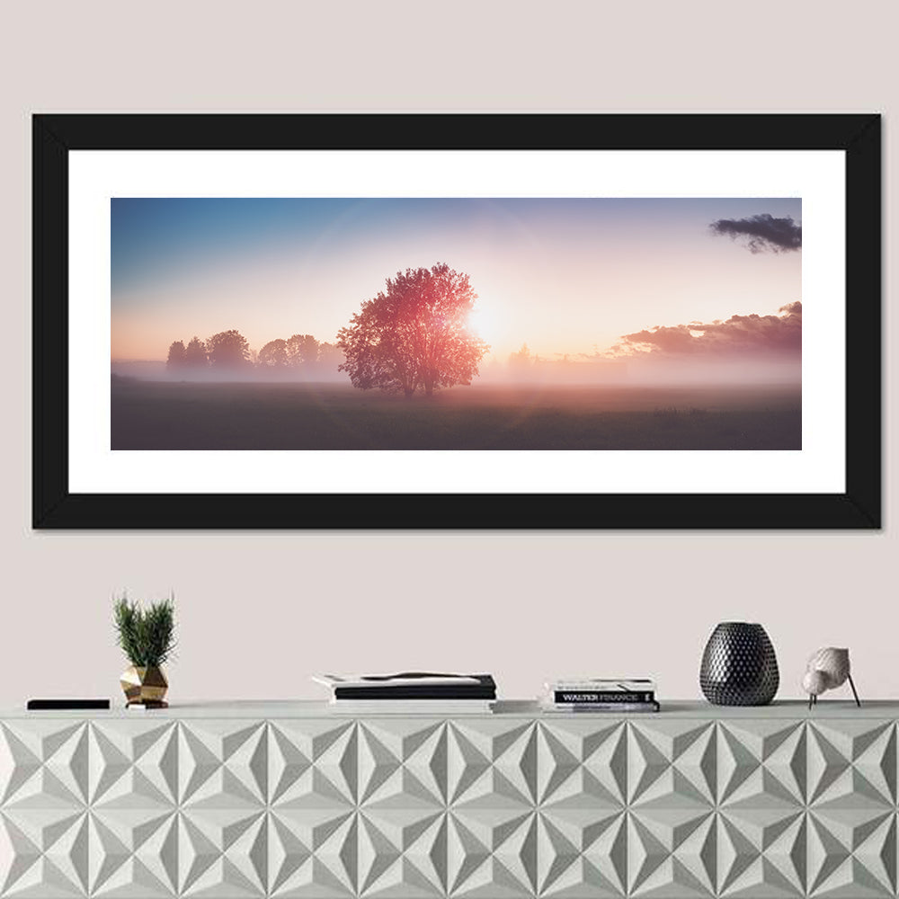 Morning Tree Silhouette Wall Art in a room, panoramic