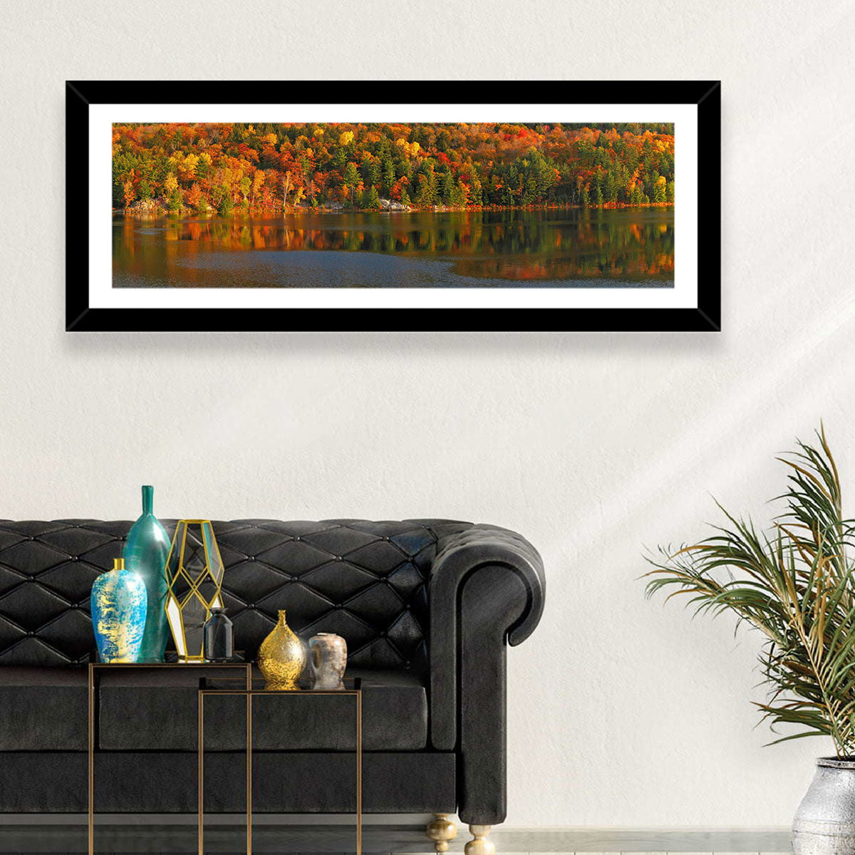 George Lake Morning Reflection Wall Art in a room, panoramic