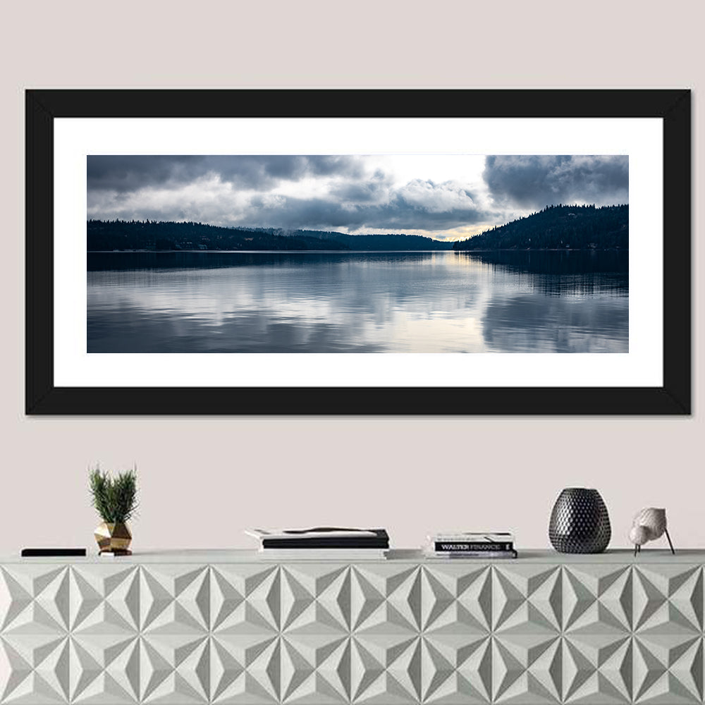 Coeur D'alene Lake Reflection Wall Art in a room, panoramic