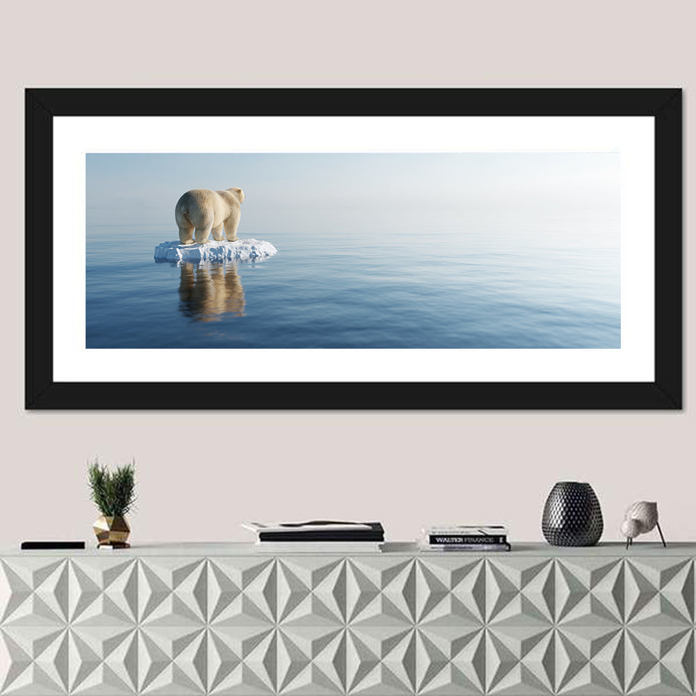 Lone Polar Bear on Ice Floe Wall Art in a room, panoramic