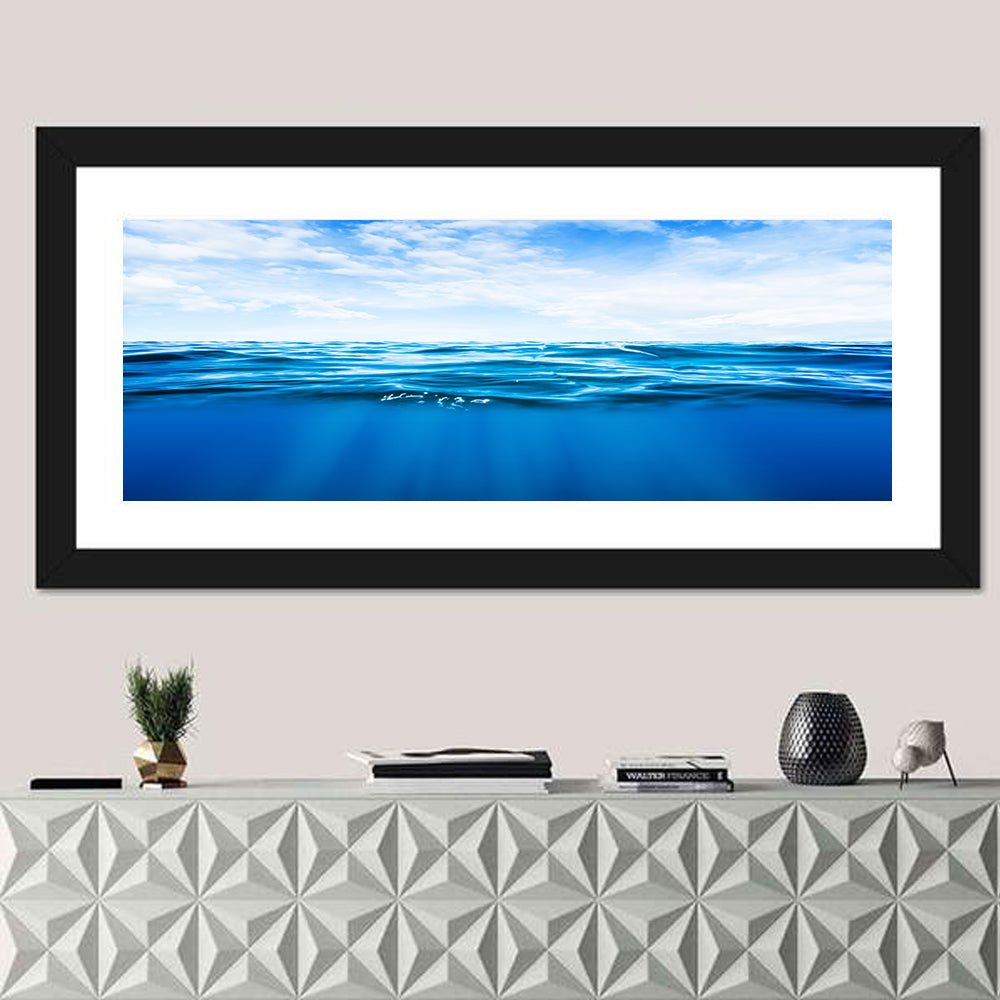 Split-level Ocean Sunlight Wall Art in a room, panoramic