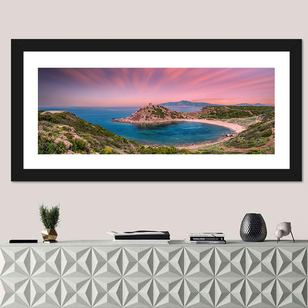 Porticciolo Tower at Sunset, Alghero Wall Art in a room, panoramic