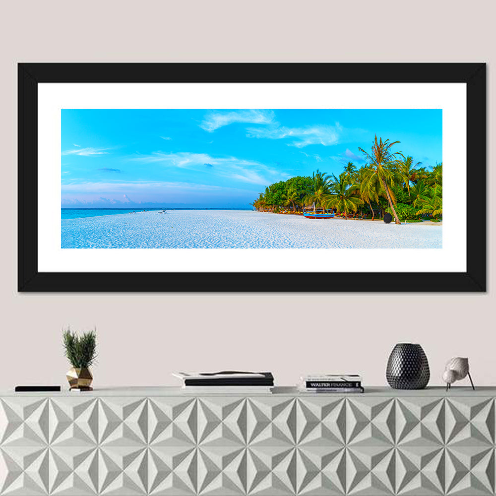 Blue Boat on Caribbean Beach Wall Art in a room, panoramic
