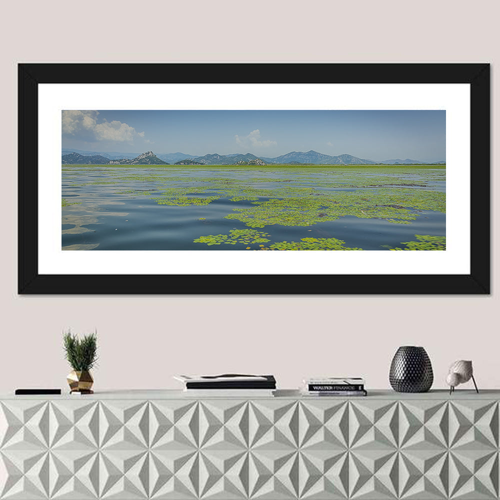 Lake Skadar Water Lilies Wall Art in a room, panoramic