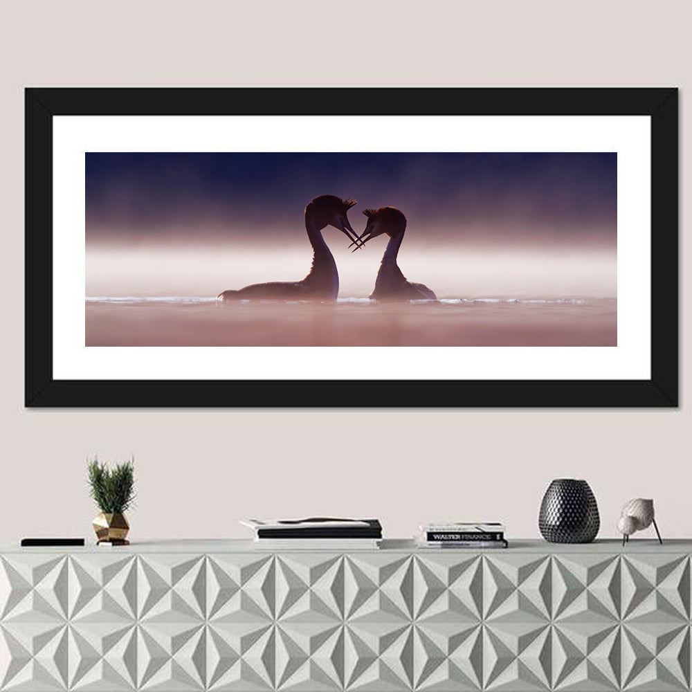 Crested Grebes in Morning Mist Wall Art