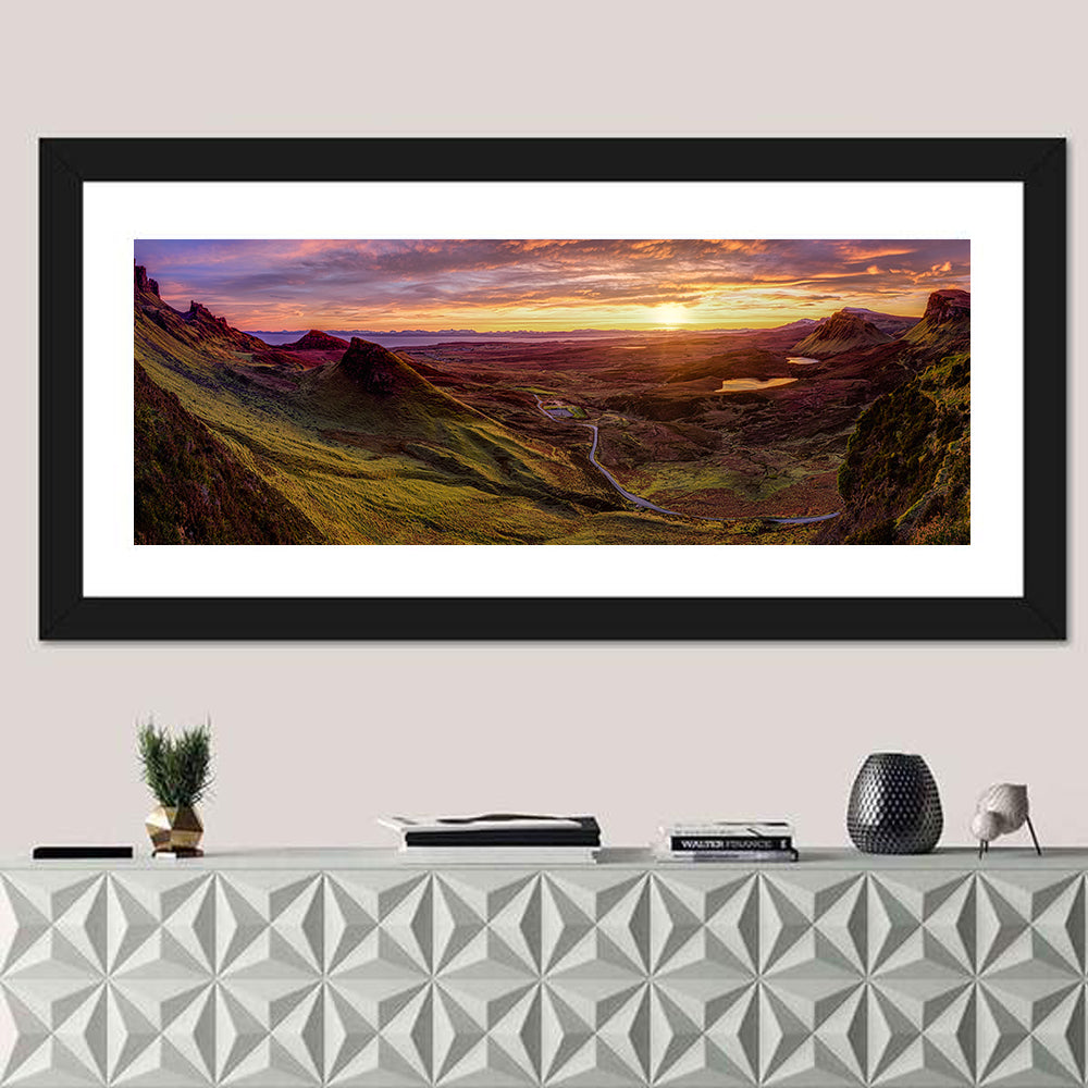 Quiraing Isle of Skye Sunset Wall Art in a room, panoramic