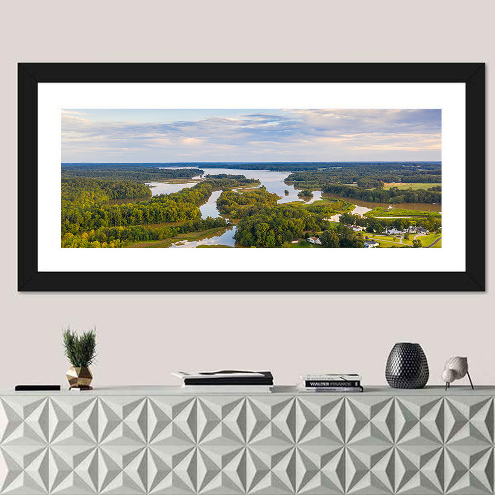 Lake Oconee Aerial Landscape Wall Art in a room, panoramic