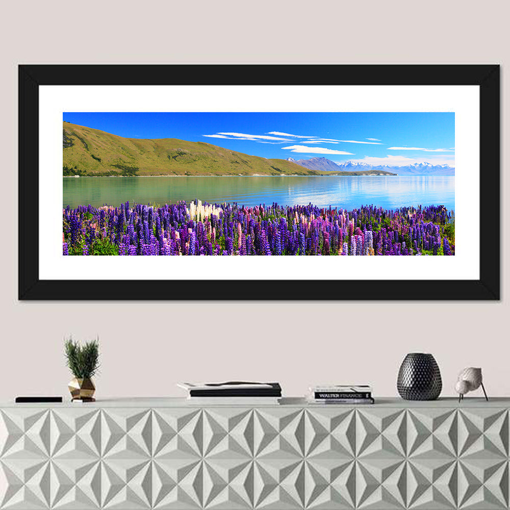 Lake Tekapo Lupine Fields Wall Art in a room, panoramic