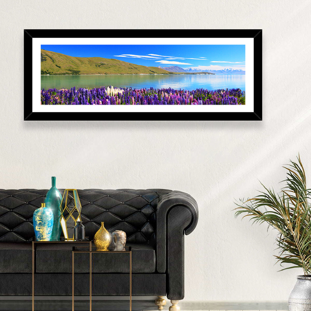 Lake Tekapo Lupine Fields Wall Art in a room, panoramic