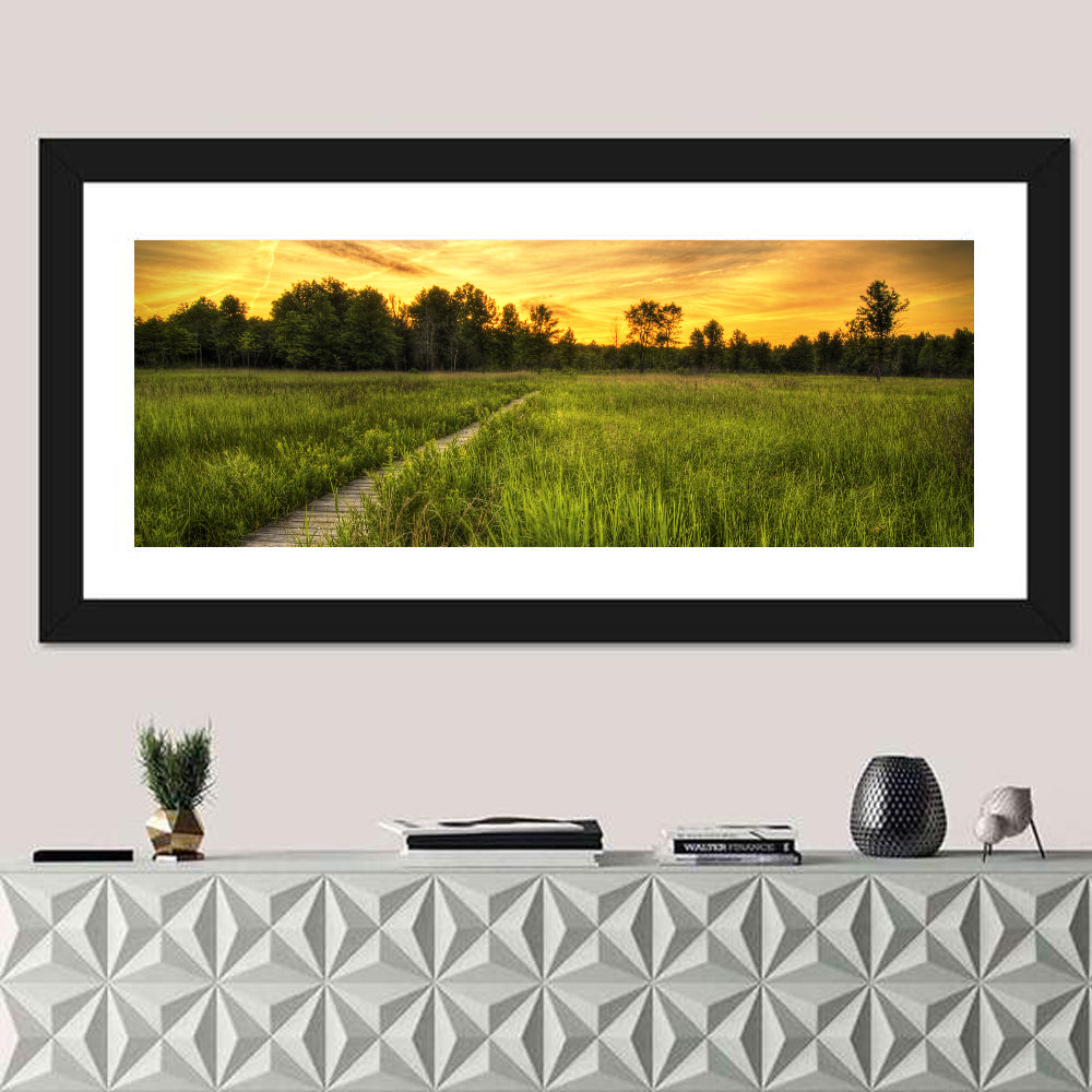 Irwin Prairie Boardwalk Sunset Wall Art in a room, panoramic