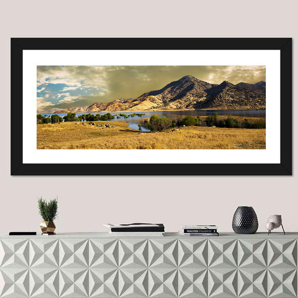 Lake Kaweah at Golden Hour Wall Art in a room, panoramic
