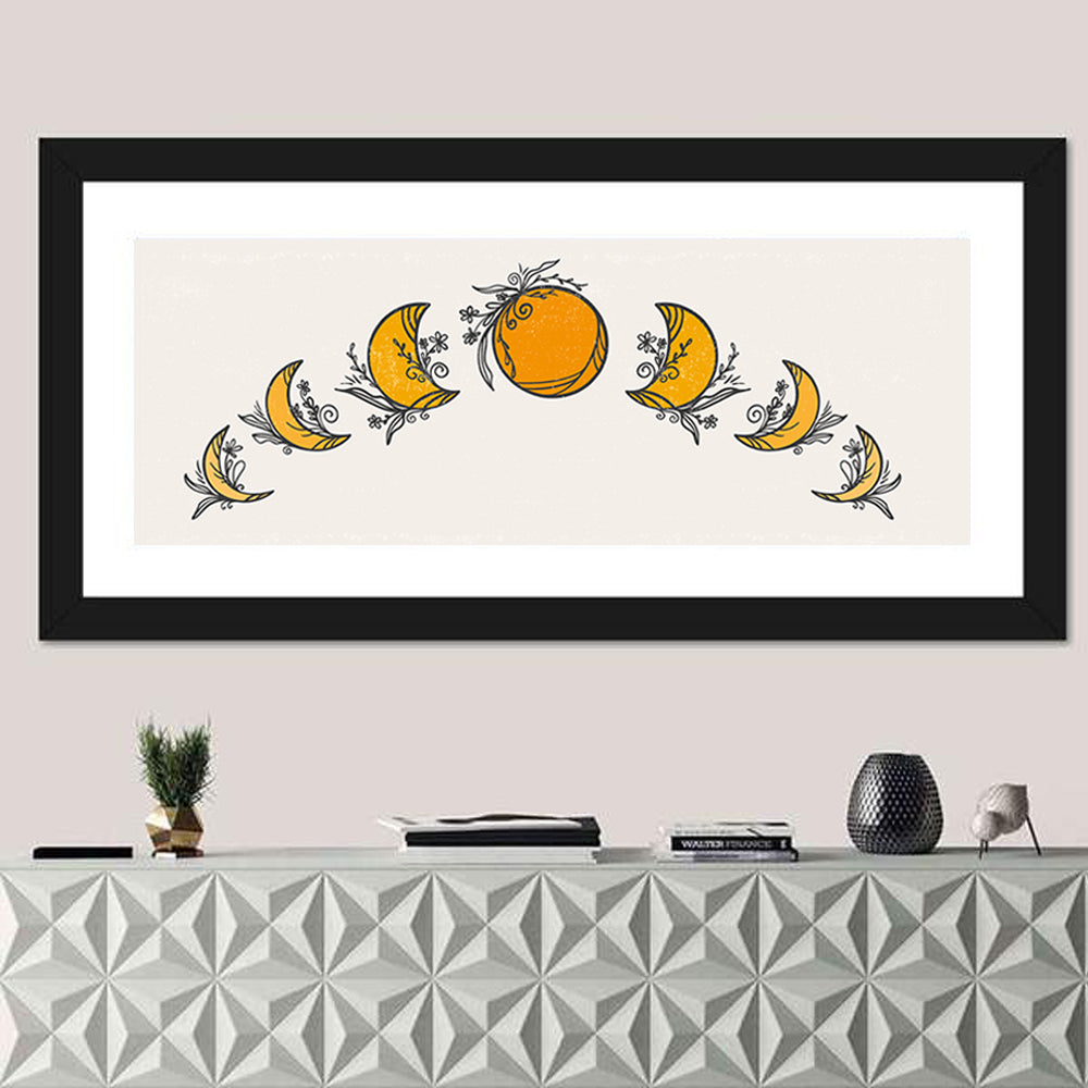Moon Phases Floral Illustration Wall Art in a room, panoramic