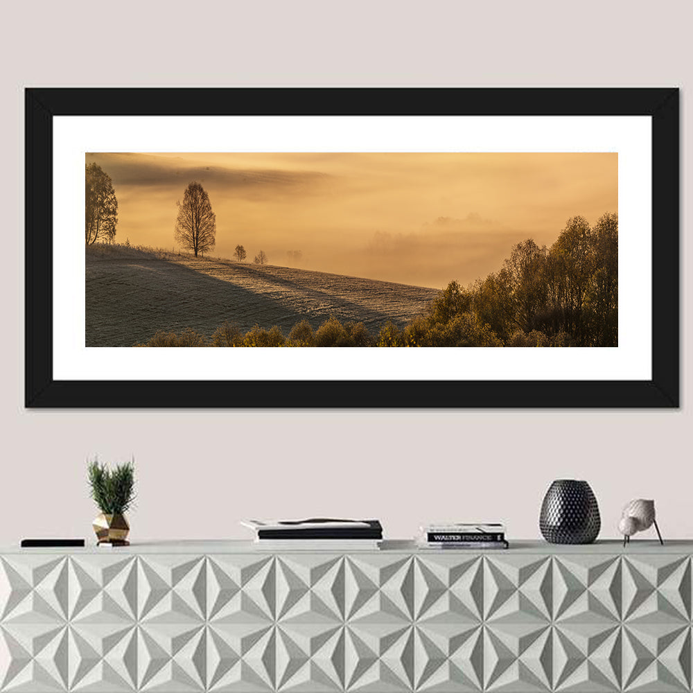 Misty Valley Morning Light Wall Art in a room, panoramic