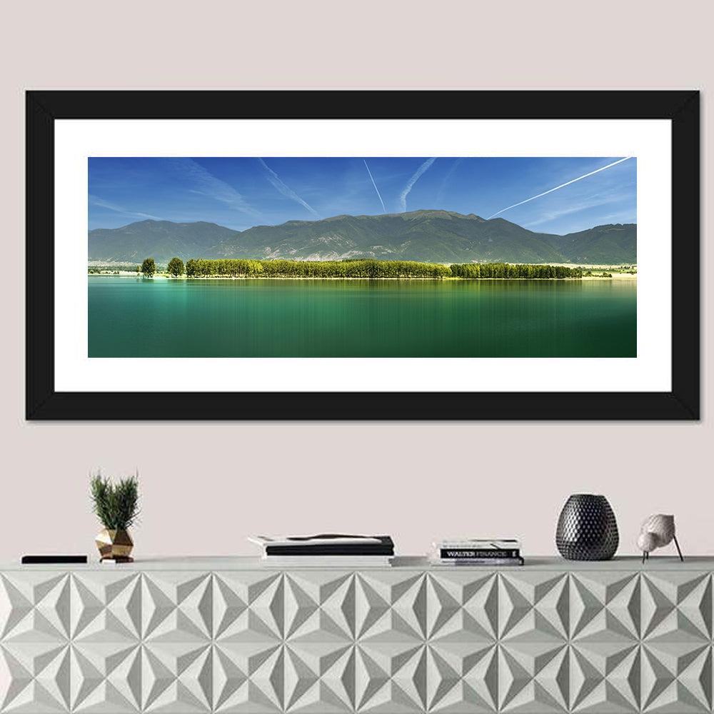 Koprinka Dam Reflections Wall Art in a room, panoramic