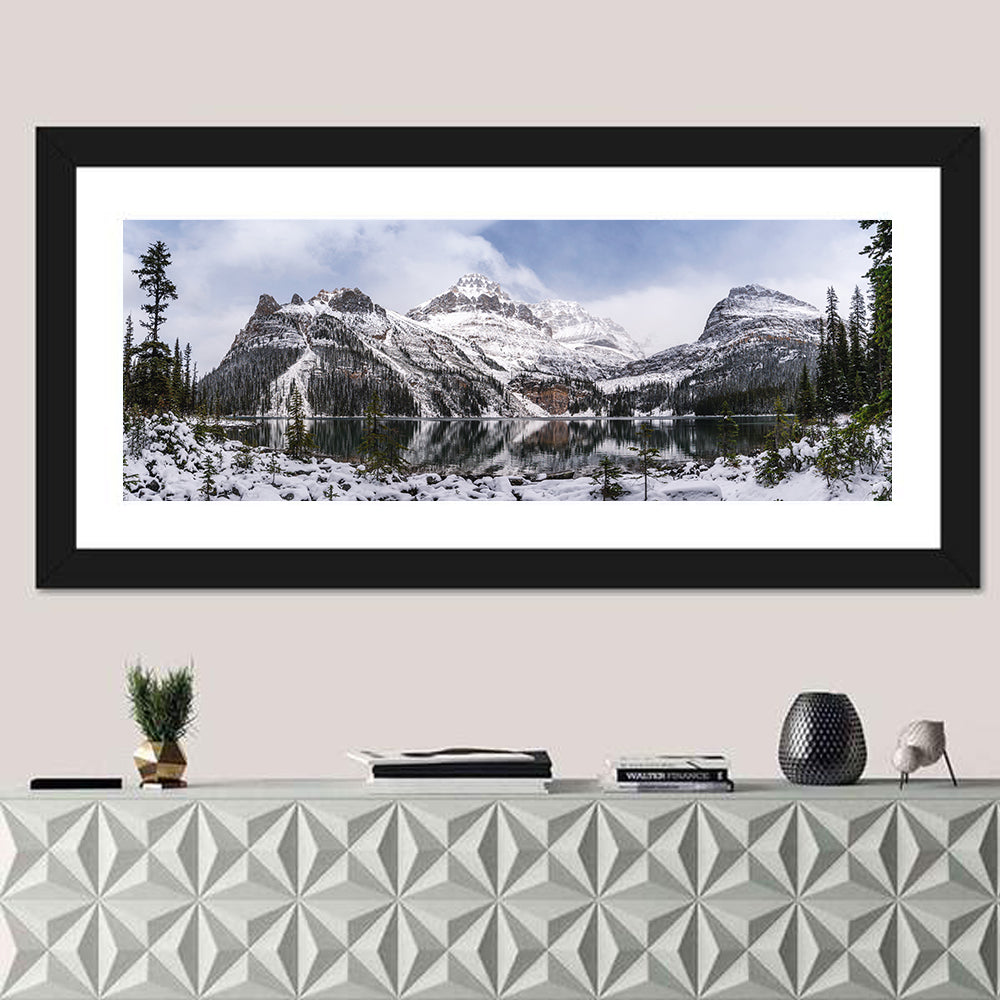 Lake O Hara Winter Reflection Wall Art in a room, panoramic