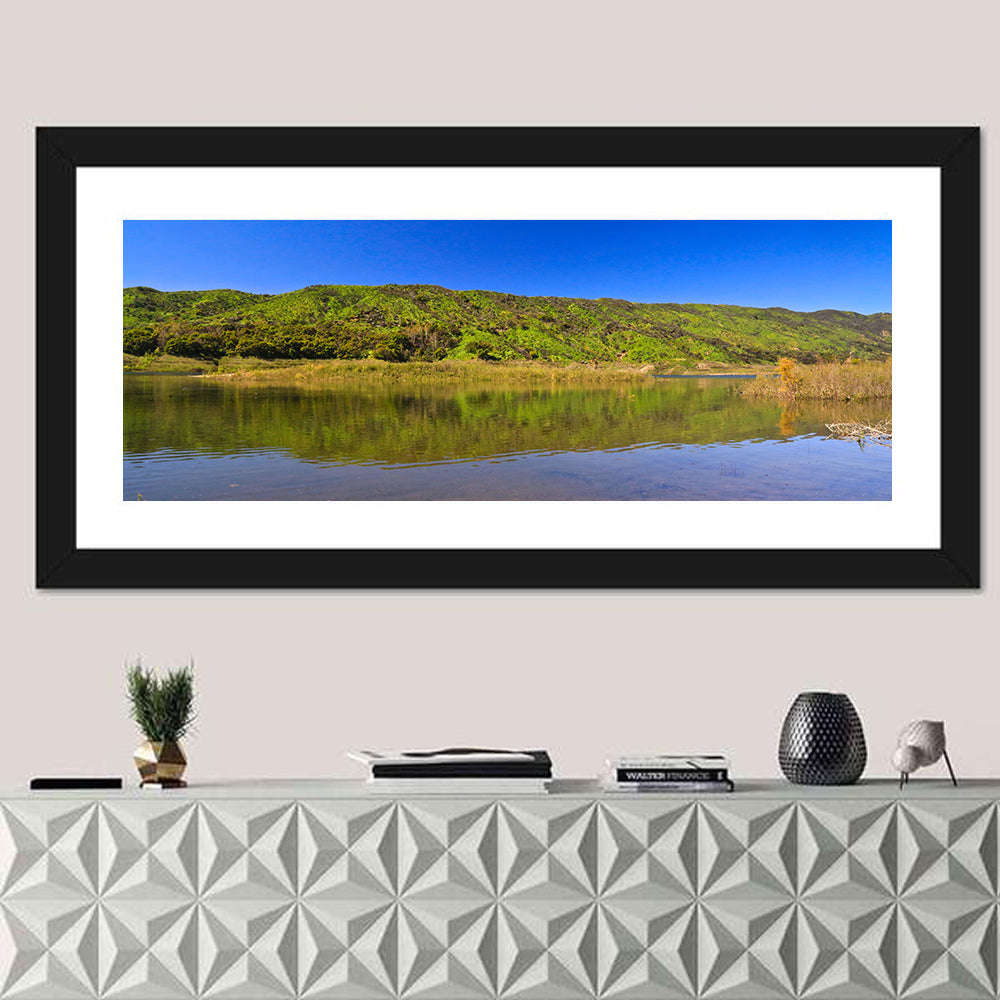 Santa Barbara Lake Reflection Wall Art in a room, panoramic