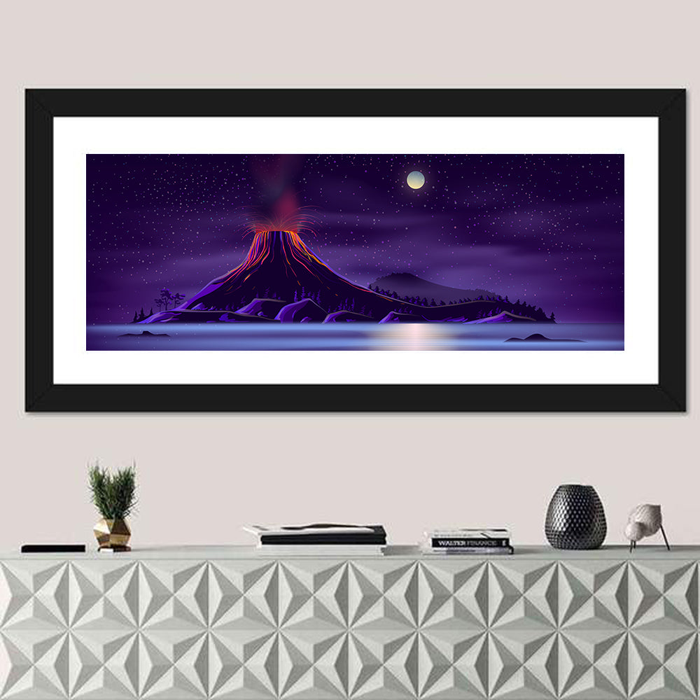 Erupting Volcano Nightscape Wall Art in a room, panoramic