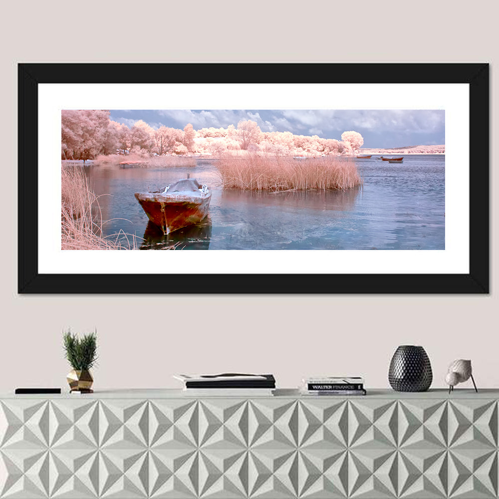 Golyazi Lake Boat Wall Art in a room, panoramic