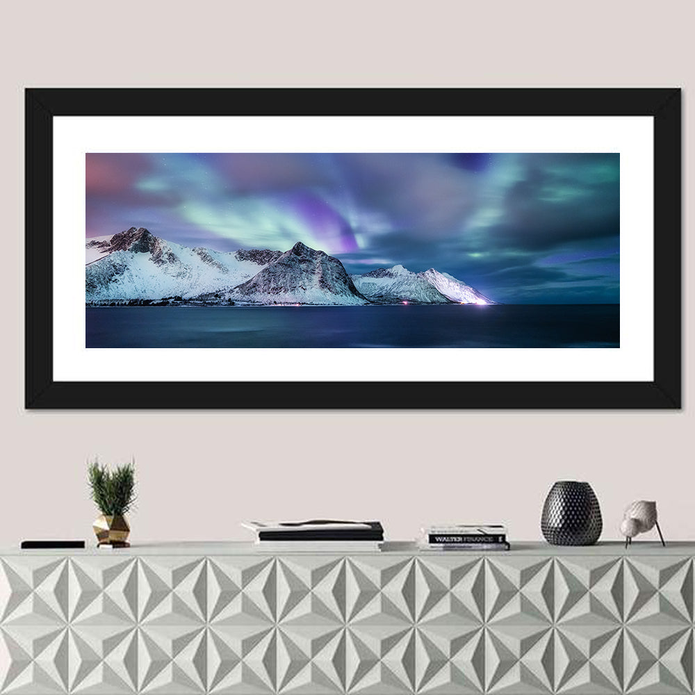Northern Lights Over Norway Wall Art in a room, panoramic
