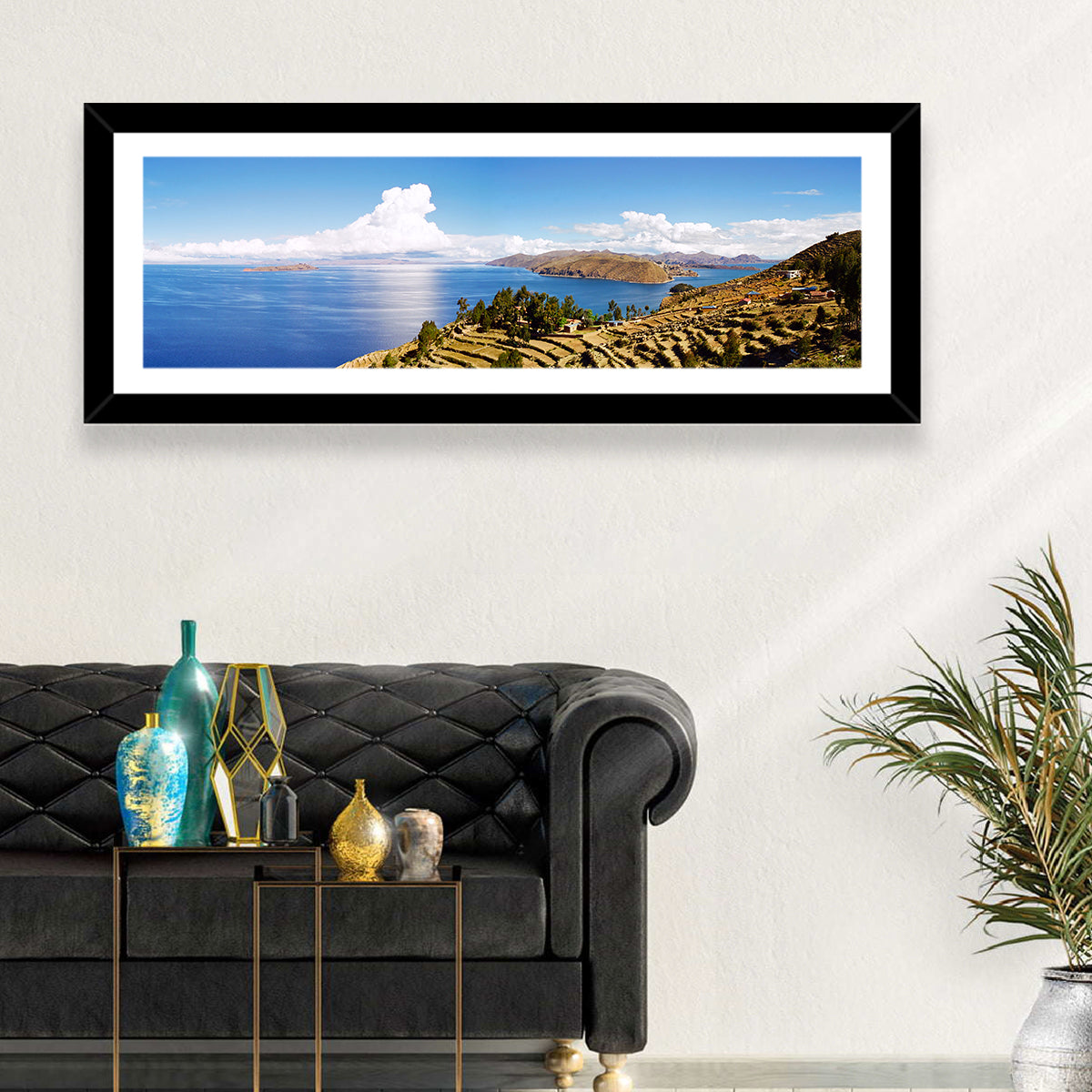 Titicaca Terraced Shoreline Wall Art in a room, panoramic