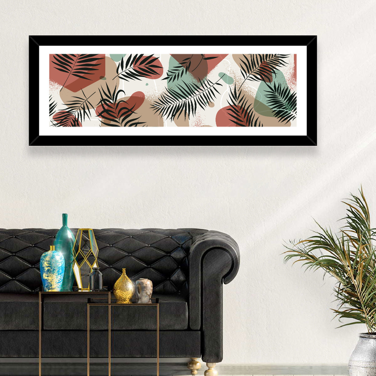 Geometric Tropical Pattern Wall Art in a room, panoramic