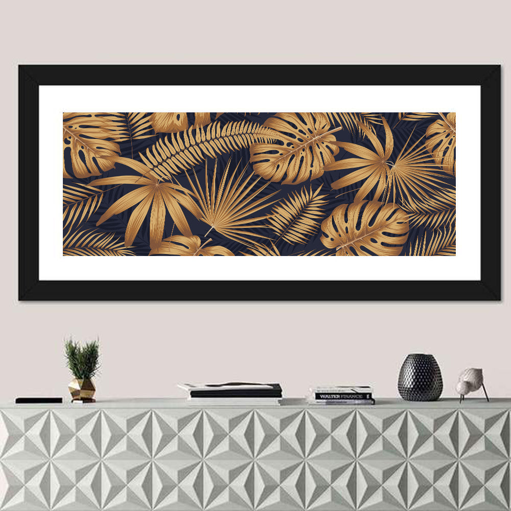 Golden Tropical Leaves Wall Art in a room, panoramic