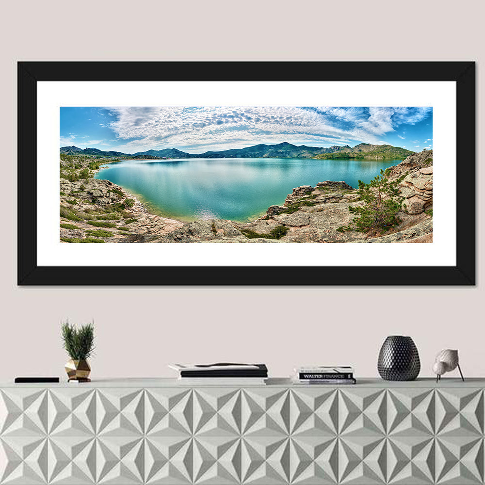 Lake Kivu Shoreline Wall Art in a room, panoramic