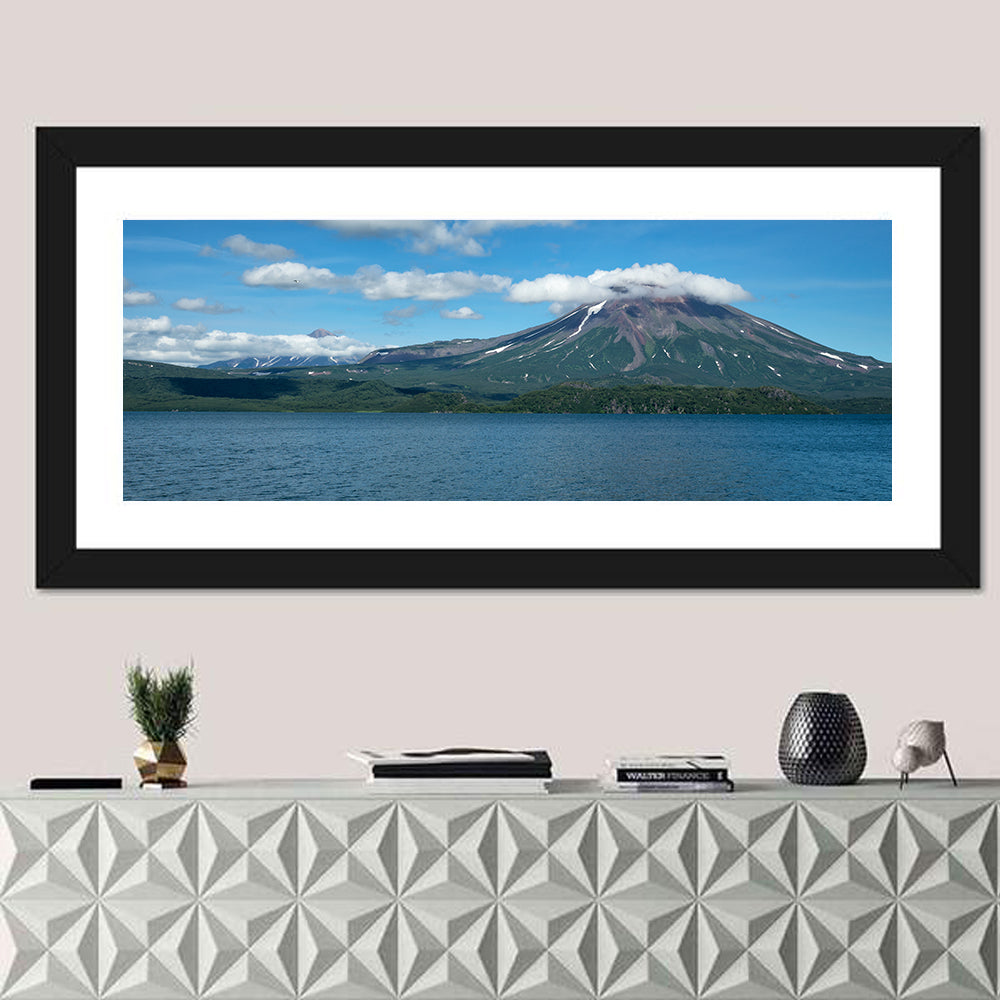 Ilyinsky Volcano Over Kuril Lake Wall Art in a room, panoramic