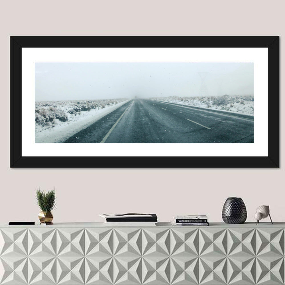 Foggy Winter Mountain Road Wall Art in a room, panoramic