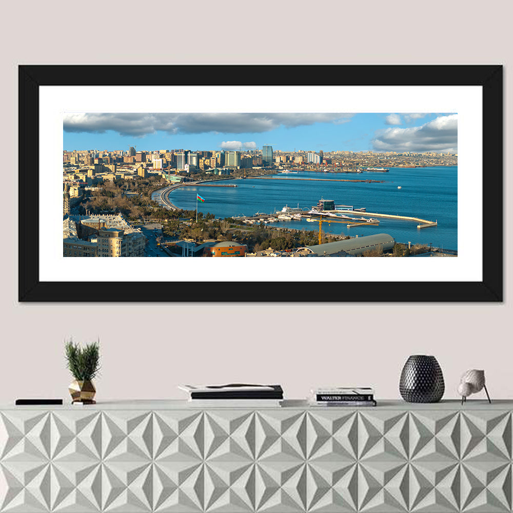 Baku Waterfront Skyline Wall Art in a room, panoramic