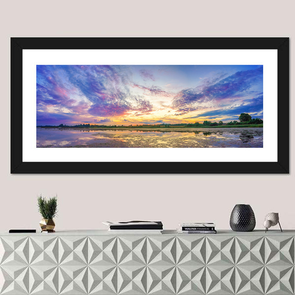 Golden Sunrise Over Lake Wall Art in a room, panoramic