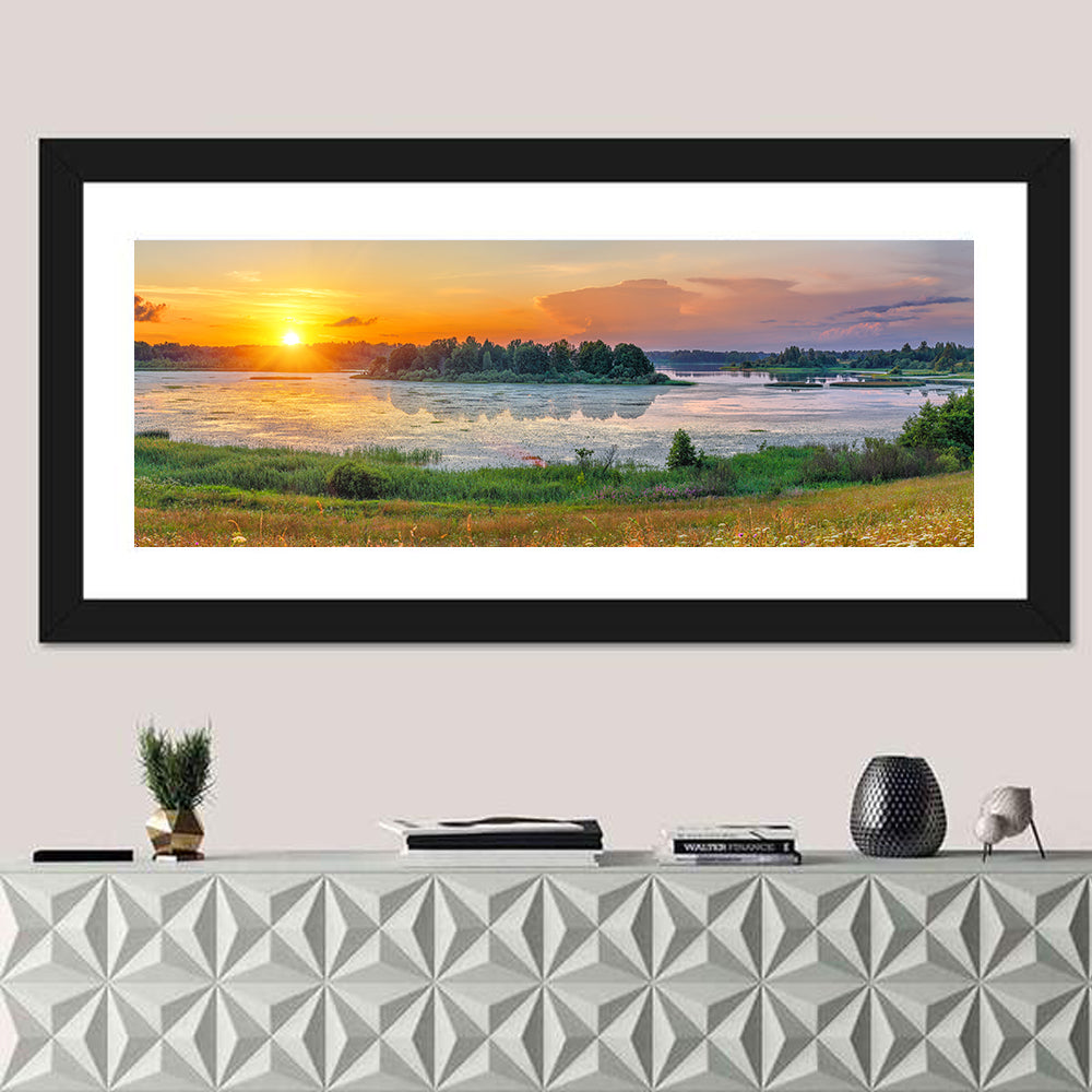 Sunset Over Lake Wall Art in a room, panoramic