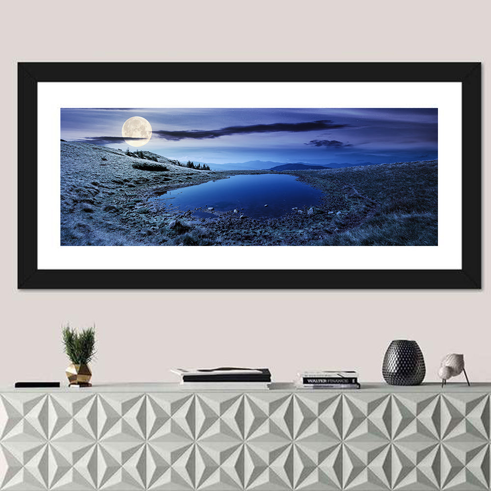 Mountain Lake at Night Wall Art in a room, panoramic