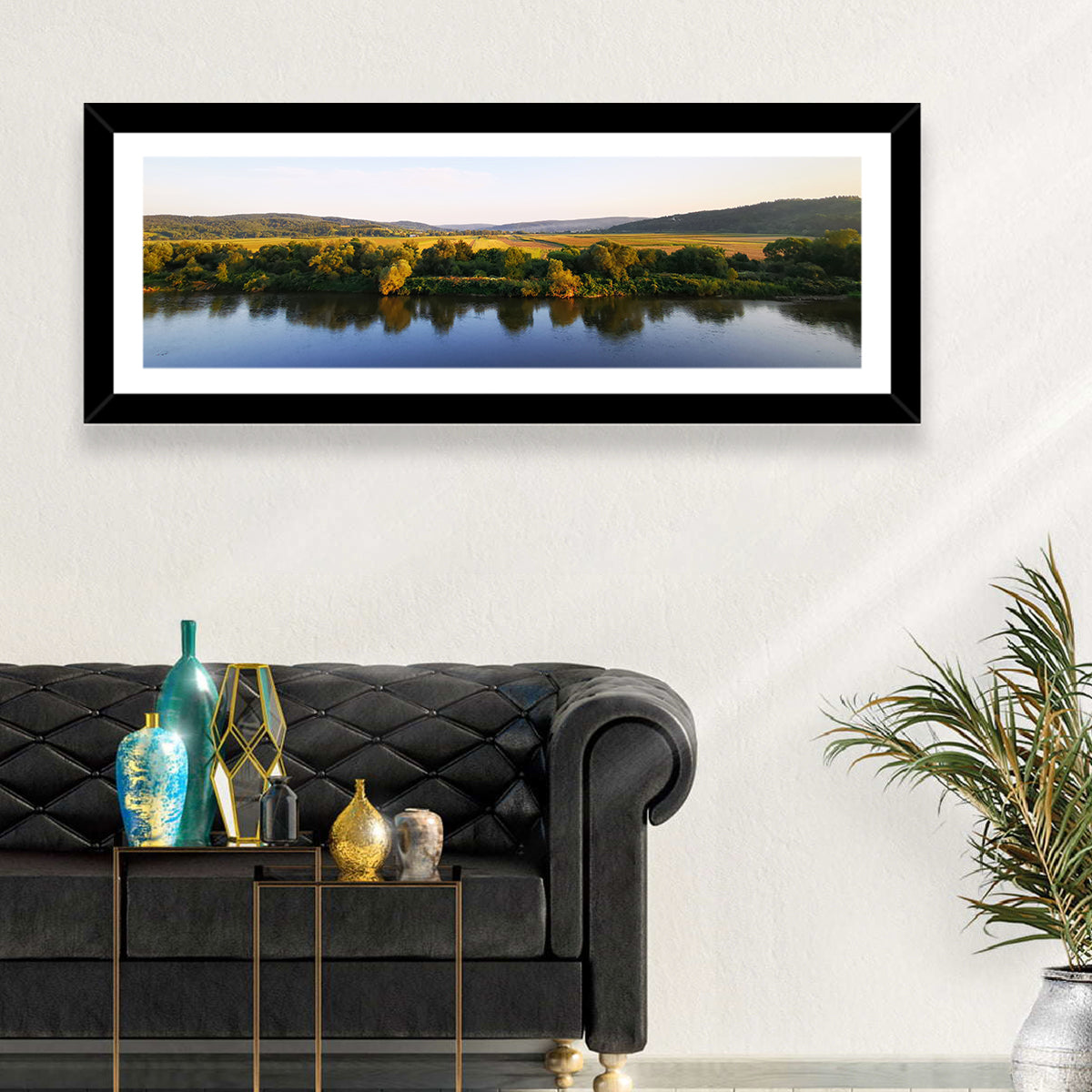 Peaceful River Sunset Wall Art in a room, panoramic