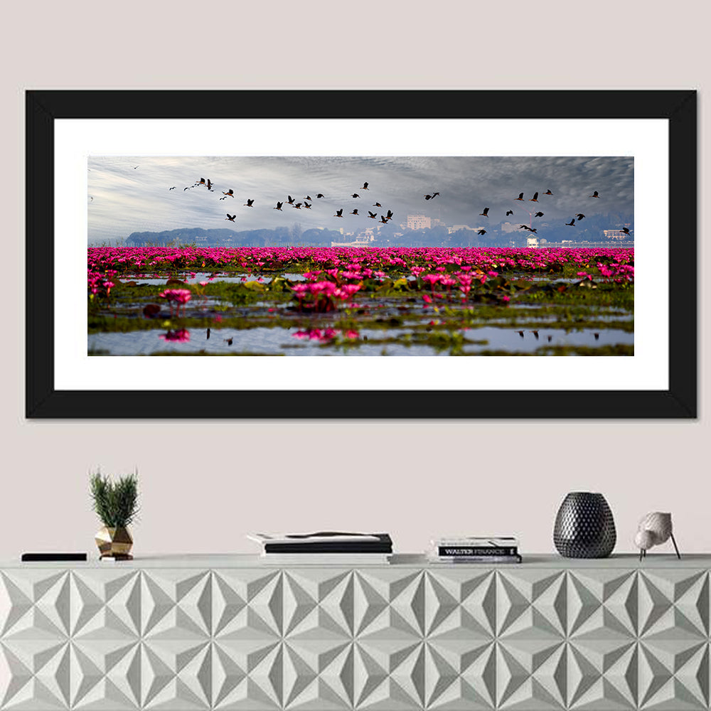 Red Lotus Lake Wall Art in a room, panoramic