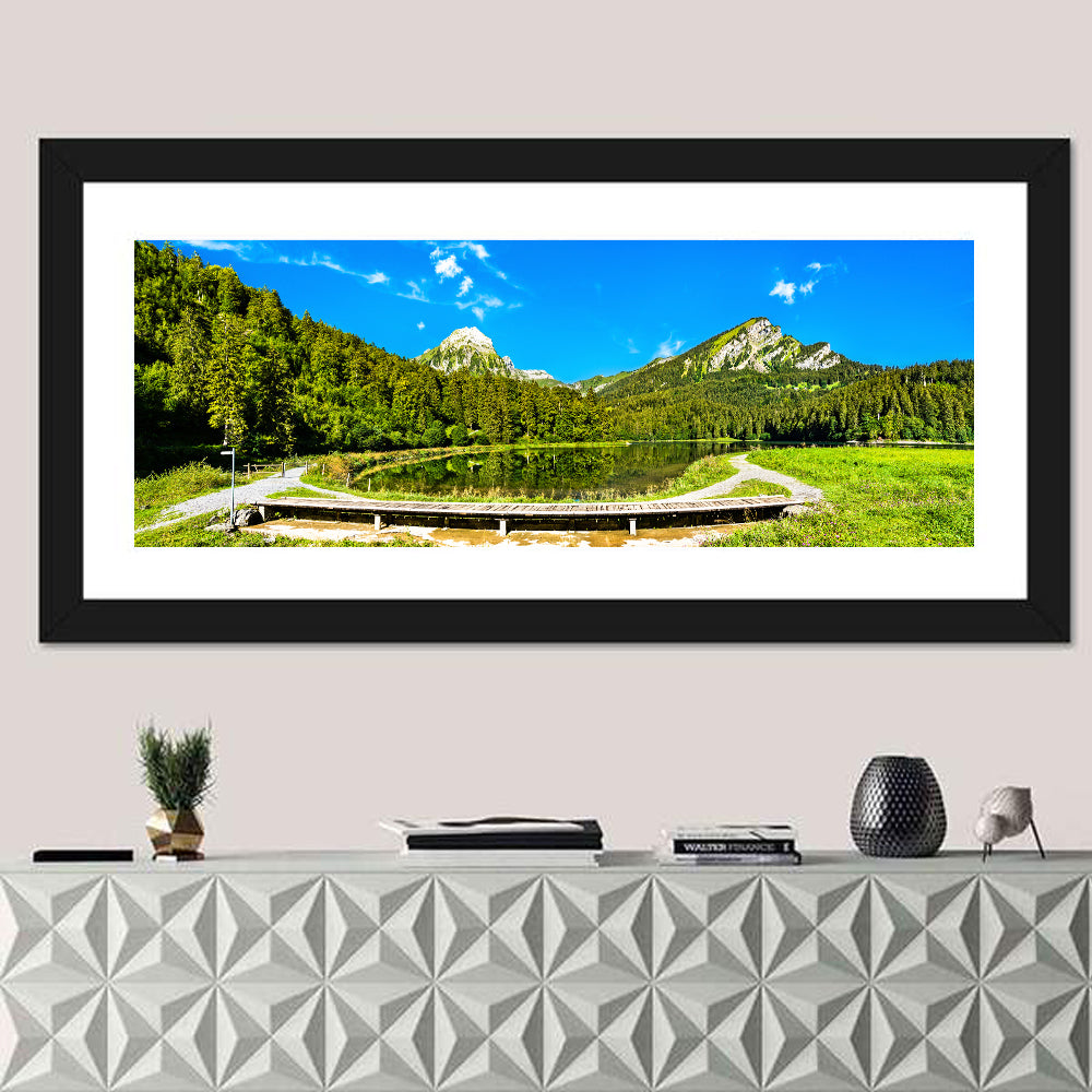 Seealpsee Footbridge Alpine Lake Wall Art in a room, panoramic