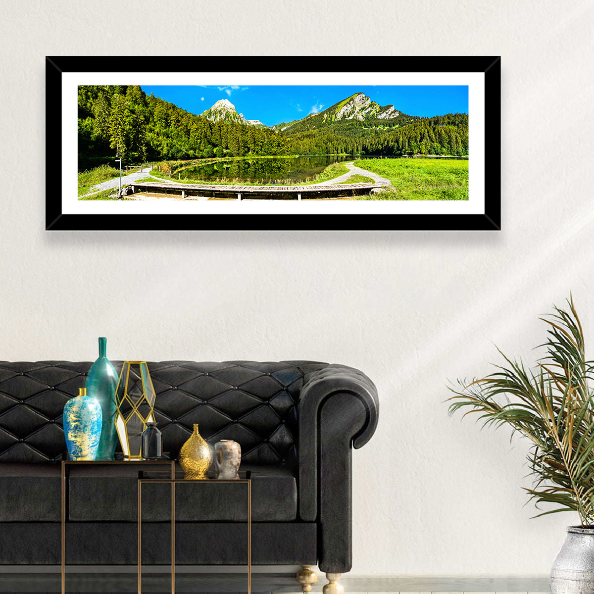 Seealpsee Footbridge Alpine Lake Wall Art in a room, panoramic