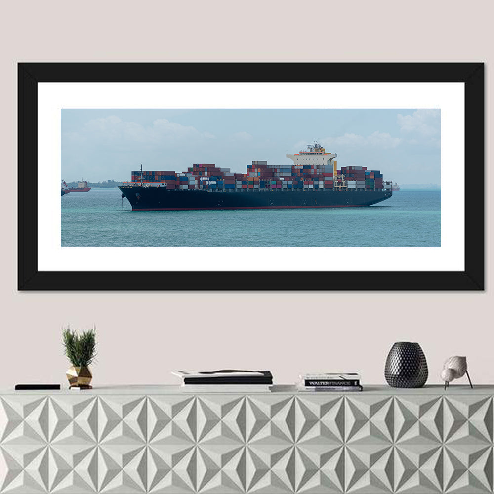 Harbor Container Ship at Sea Wall Art in a room, panoramic